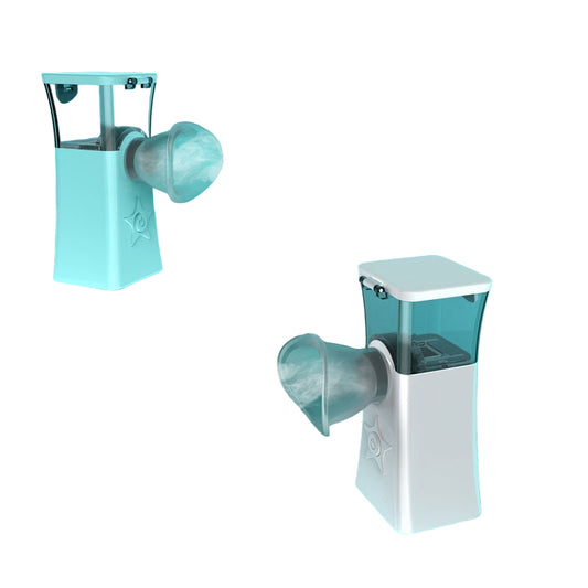 Two small devices emitting mist on a teal background